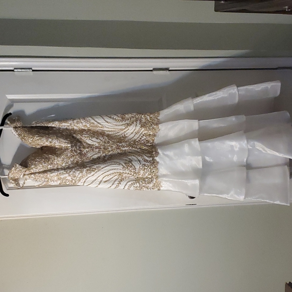 Scroll beaded ivory/gold ball gown
